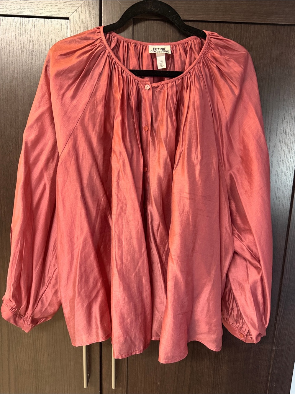 Future Collective Coral Pink Gathered Button-Front Blouse